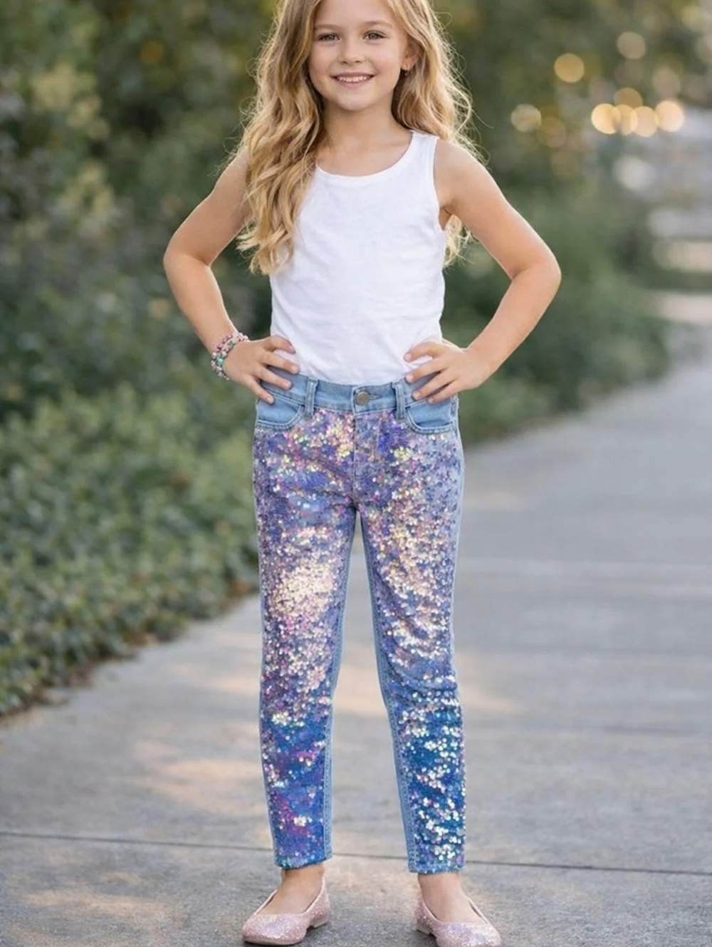 Justice Sequin Jeans Girls Pull On Mid Rise Super Skinny Sparkle Denim Size 10